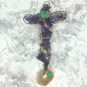 Handmade Folk Art Raw Amethyst Chunk Stone Wrapped Christian Cross Wall Hanger